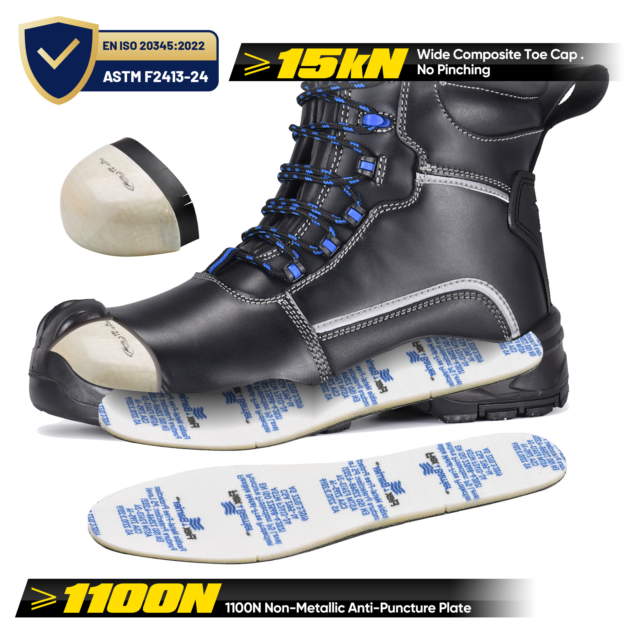 Winter safety boot with wide composite toe cap and non-metallic puncture-resistant textile midsole