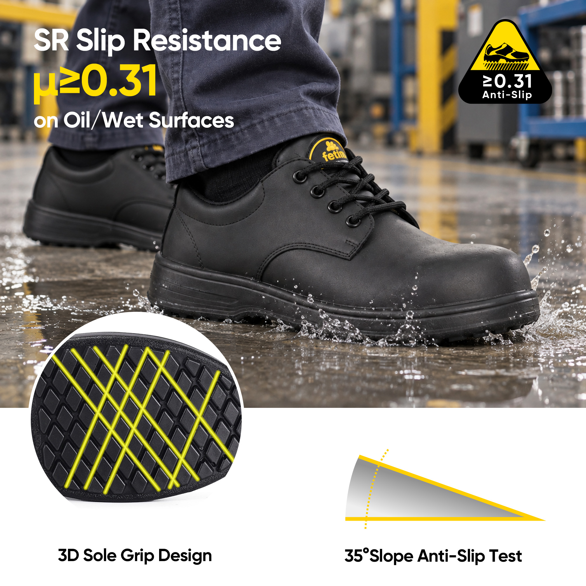 Engineer safety work shoes with SR slip-resistant outsole and 3D grip design for wet and oily surfaces