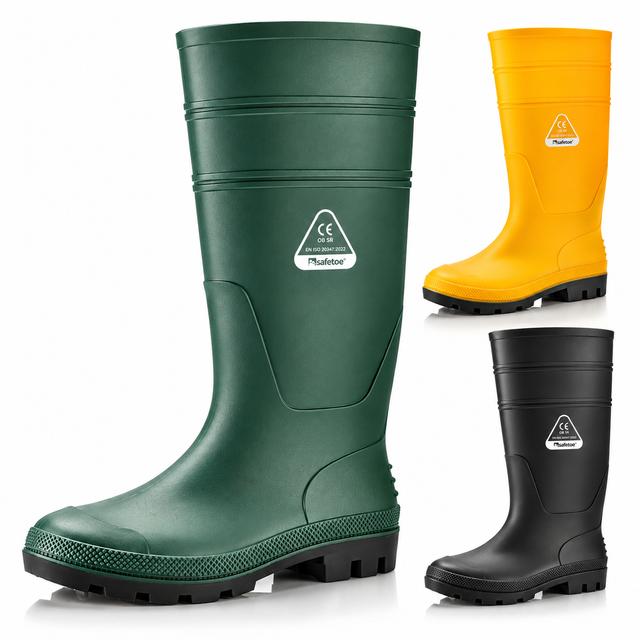 Safetoe W-6036 green occupational Wellington boots with waterproof PVC construction and additional color options
