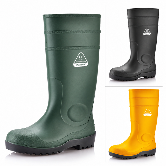 Safetoe W-6037 S5 safety gumboots with green waterproof PVC upper and steel toe