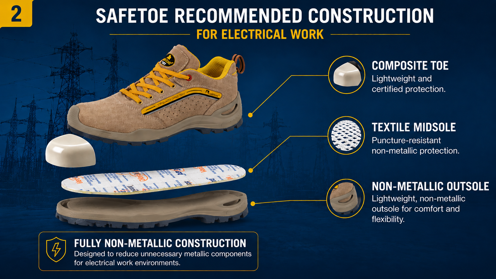 Composite Toe + Textile Midsole + Non-Metallic Hardware
