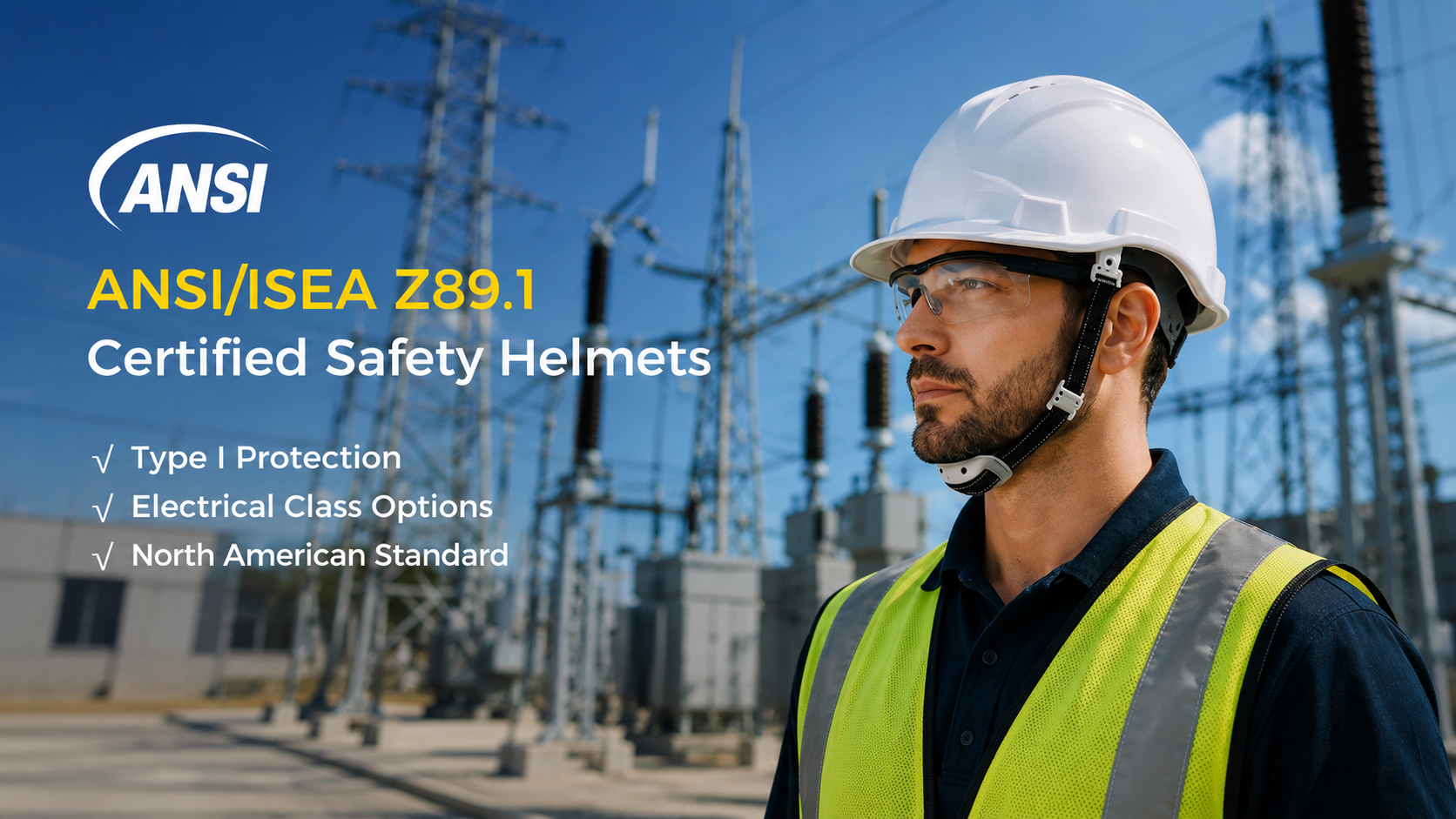 Utility worker wearing a certified safety helmet at an electrical substation with ANSI ISEA Z89.1 protection