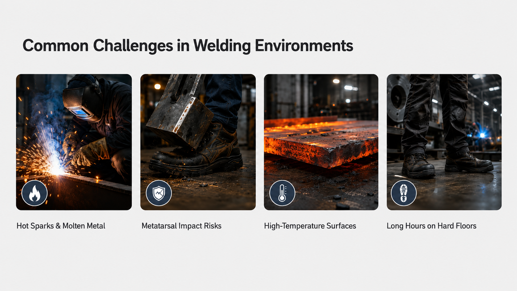 Common welding hazards including hot sparks, molten metal, metatarsal impact, high-temperature surfaces and long hours on hard floors