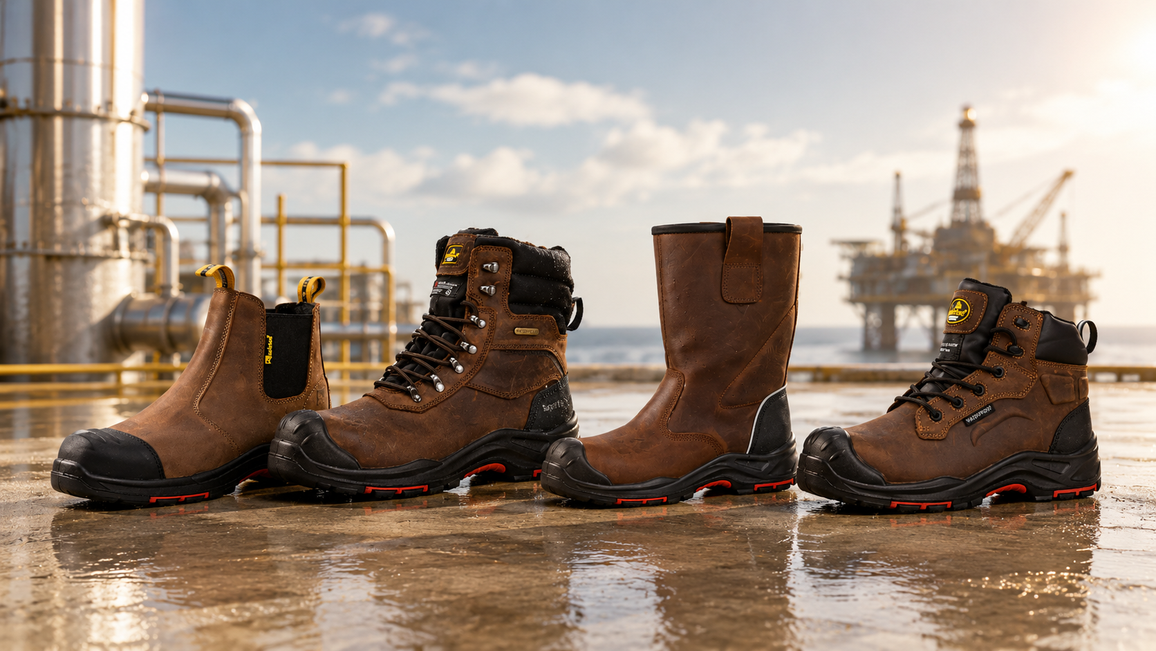 Four brown safety boots for oil and gas, refinery and offshore industrial work environments