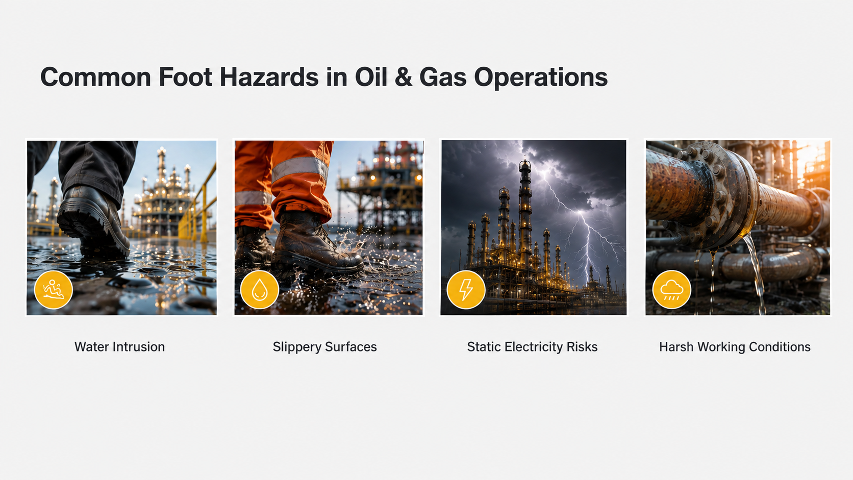 Common foot hazards in oil and gas operations including water intrusion, slippery surfaces, static electricity and harsh working conditions