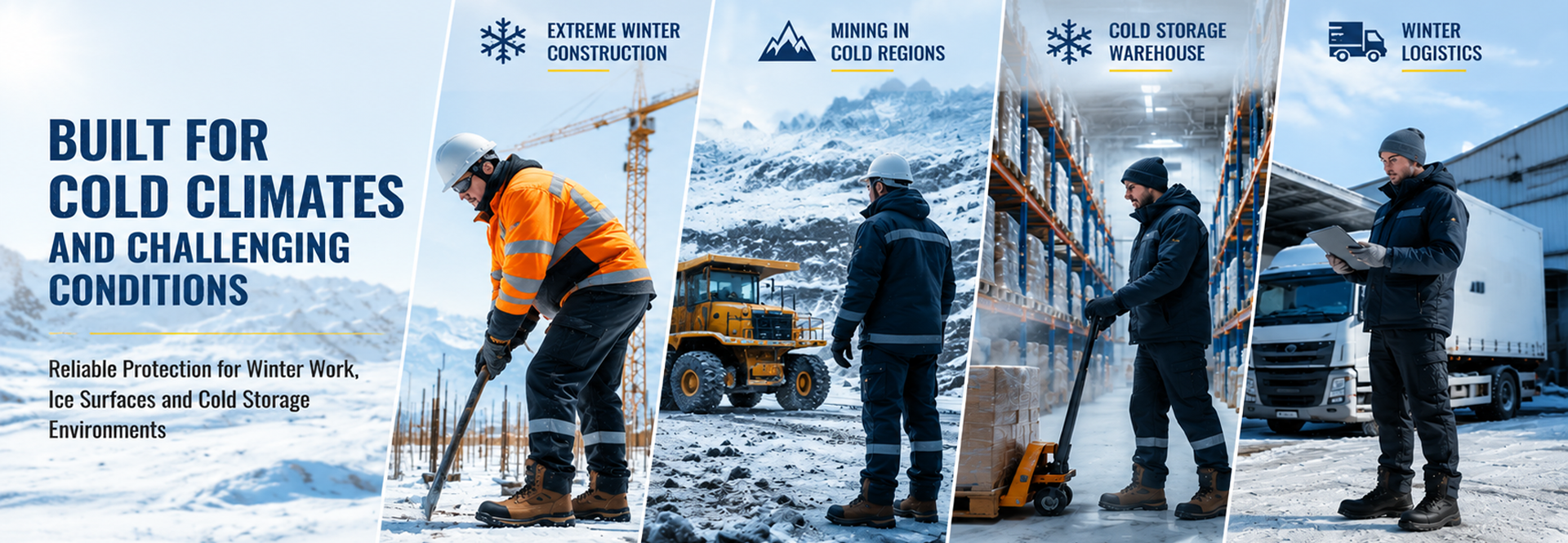 Winter safety boots for cold weather work, featuring workers in extreme winter, mining, cold storage and logistics environments