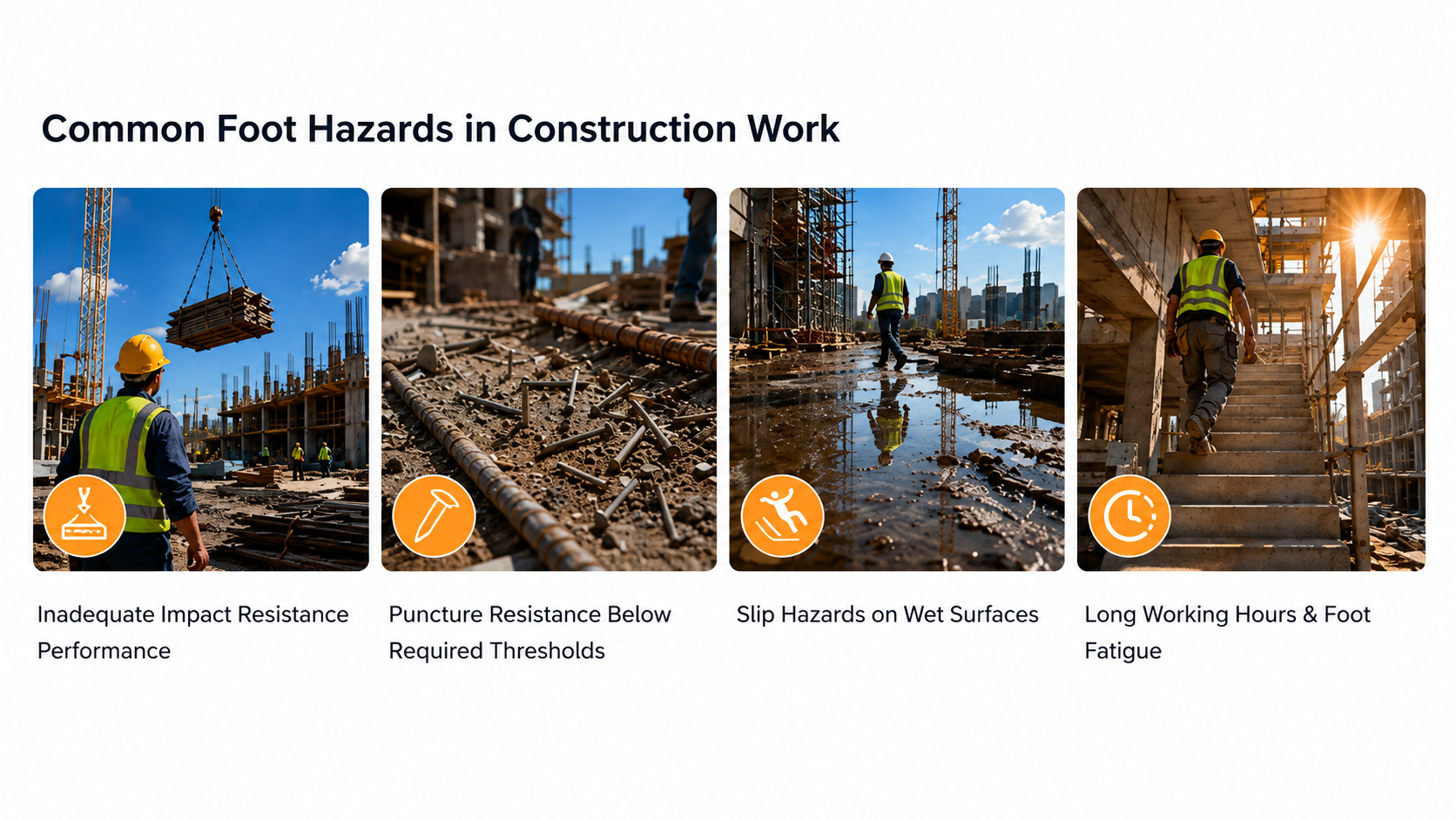Common foot hazards in construction work including impact, puncture, slip and fatigue risks
