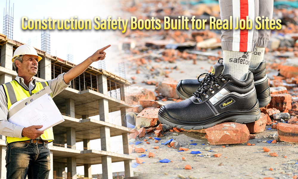 Construction worker wearing safety boots on a building site