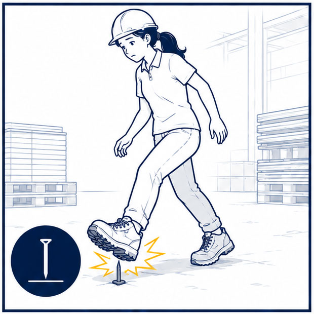 Female industrial worker stepping near a sharp nail highlighting puncture protection in women's safety footwear
