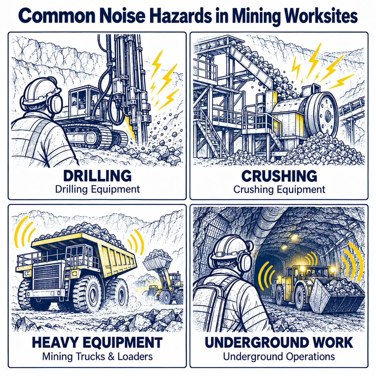 Common mining noise hazards from drilling, crushing, heavy equipment and underground operations