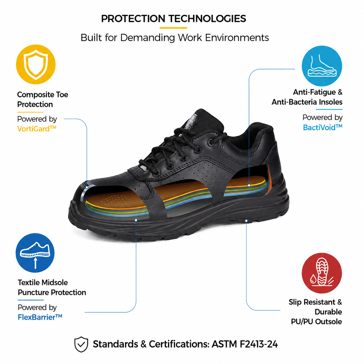 Safetoe L-7328 safety shoe protection technologies with composite toe, puncture-resistant textile midsole, antibacterial insole and slip-resistant PU/PU outsole