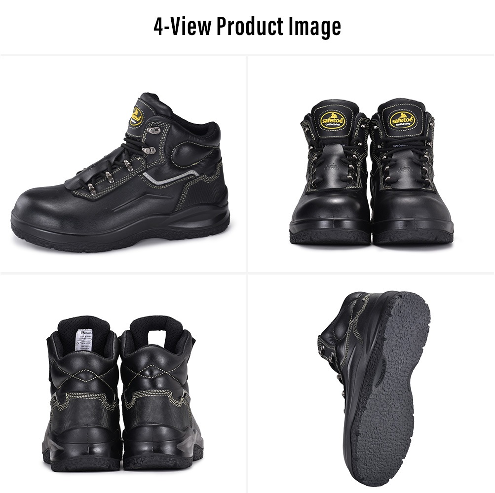 Four views of Safetoe M-8565PV black leather asphalt paving safety boots with a flat, heat-resistant outsole