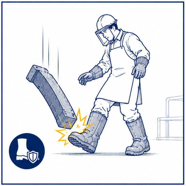 Welding worker exposed to upper-foot impact from a falling heavy metal component