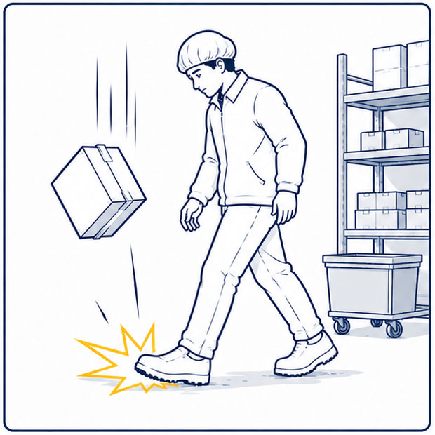 Food industry worker exposed to falling objects and foot injury hazards
