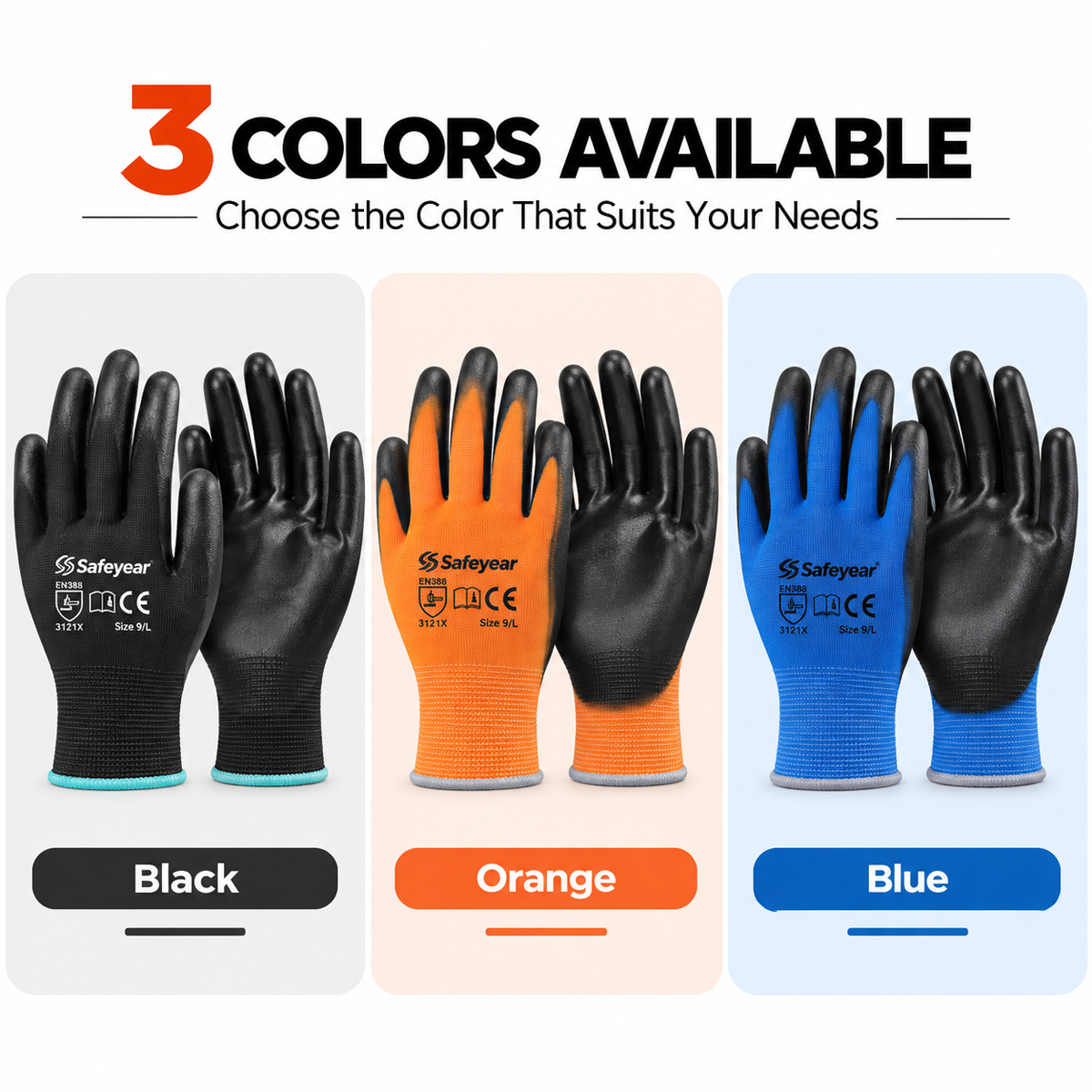 Safeyear PN8003 PU Coated Work Gloves in Black Orange and Blue