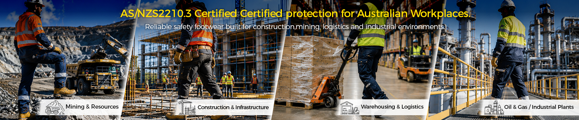 AS/NZS certified safety footwear for Australian and New Zealand workplaces including construction, mining, logistics and industrial environments