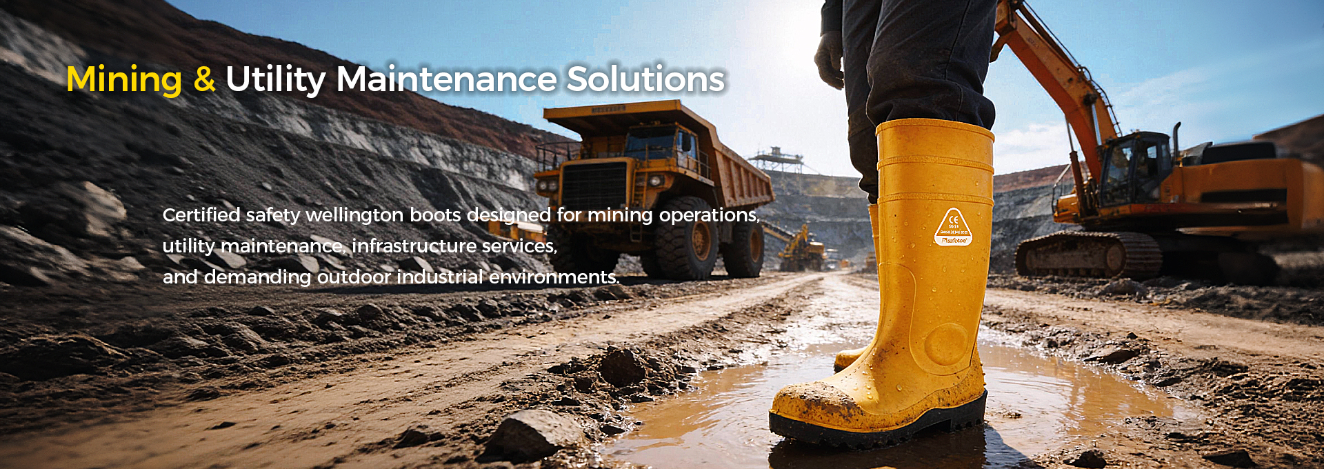Mining worker wearing safety Wellington boots in wet and rugged conditions