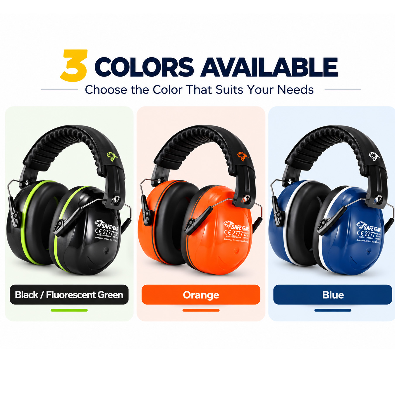 FM-1B safety earmuffs in black fluorescent green, orange and blue color options