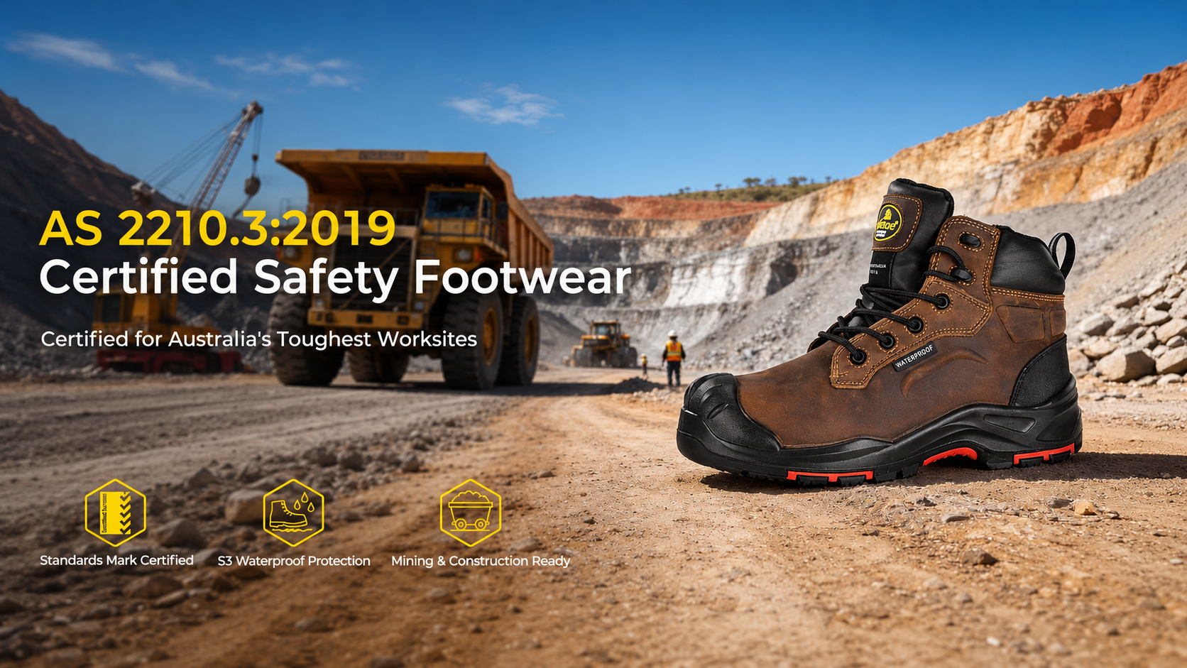 Brown waterproof AS 2210.3:2019-certified safety boot displayed at an Australian open-pit mining site