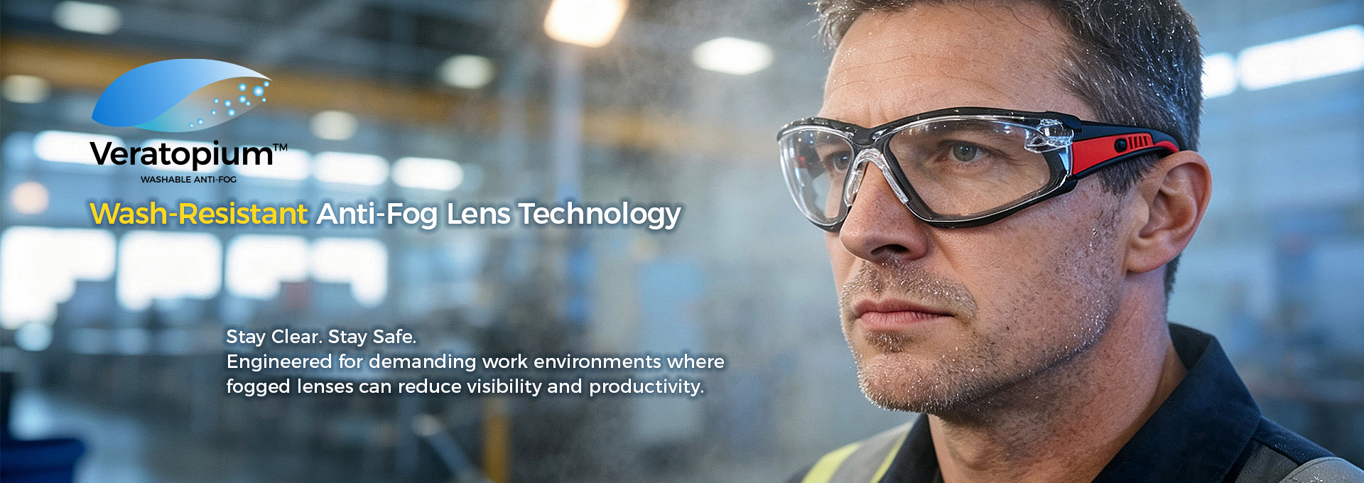Worker wearing safety glasses in an industrial workplace with Veratopium™ anti-fog technology branding