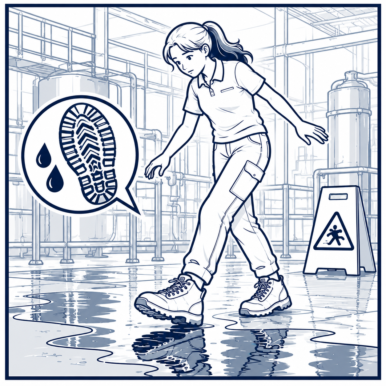 Female worker walking on a wet industrial floor highlighting slip resistance in women's safety shoes