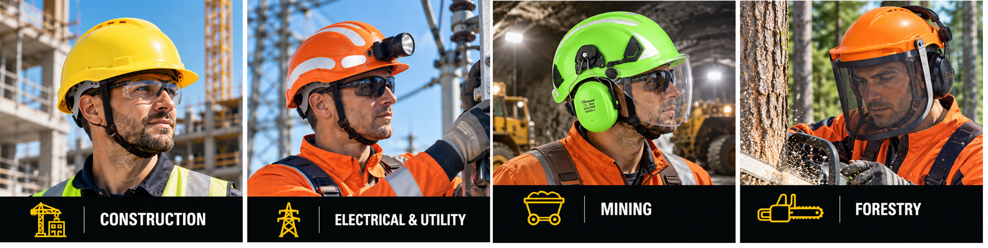 Safety helmets for construction, electrical, mining and forestry work