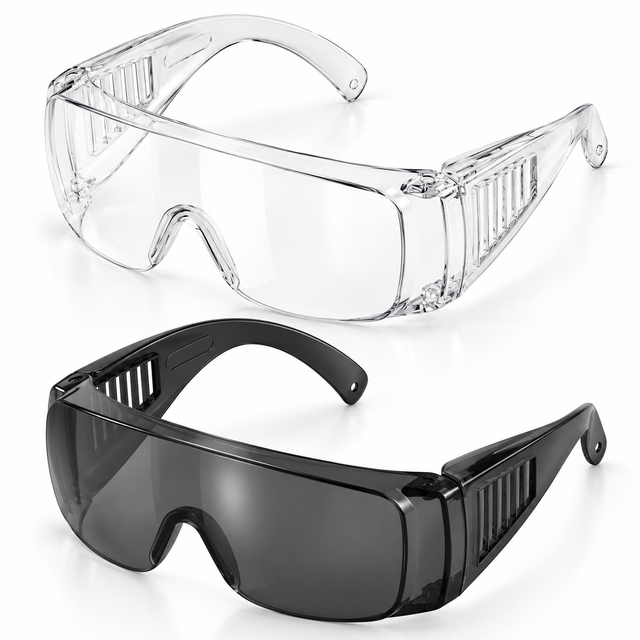 Safeyear SG035 OTG safety glasses in clear and smoke lens versions, designed to fit over prescription glasses
