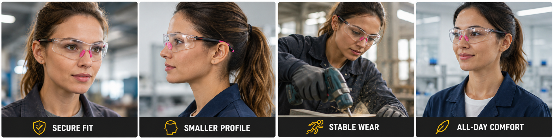 Women's safety glasses designed for smaller faces with a secure and comfortable fit