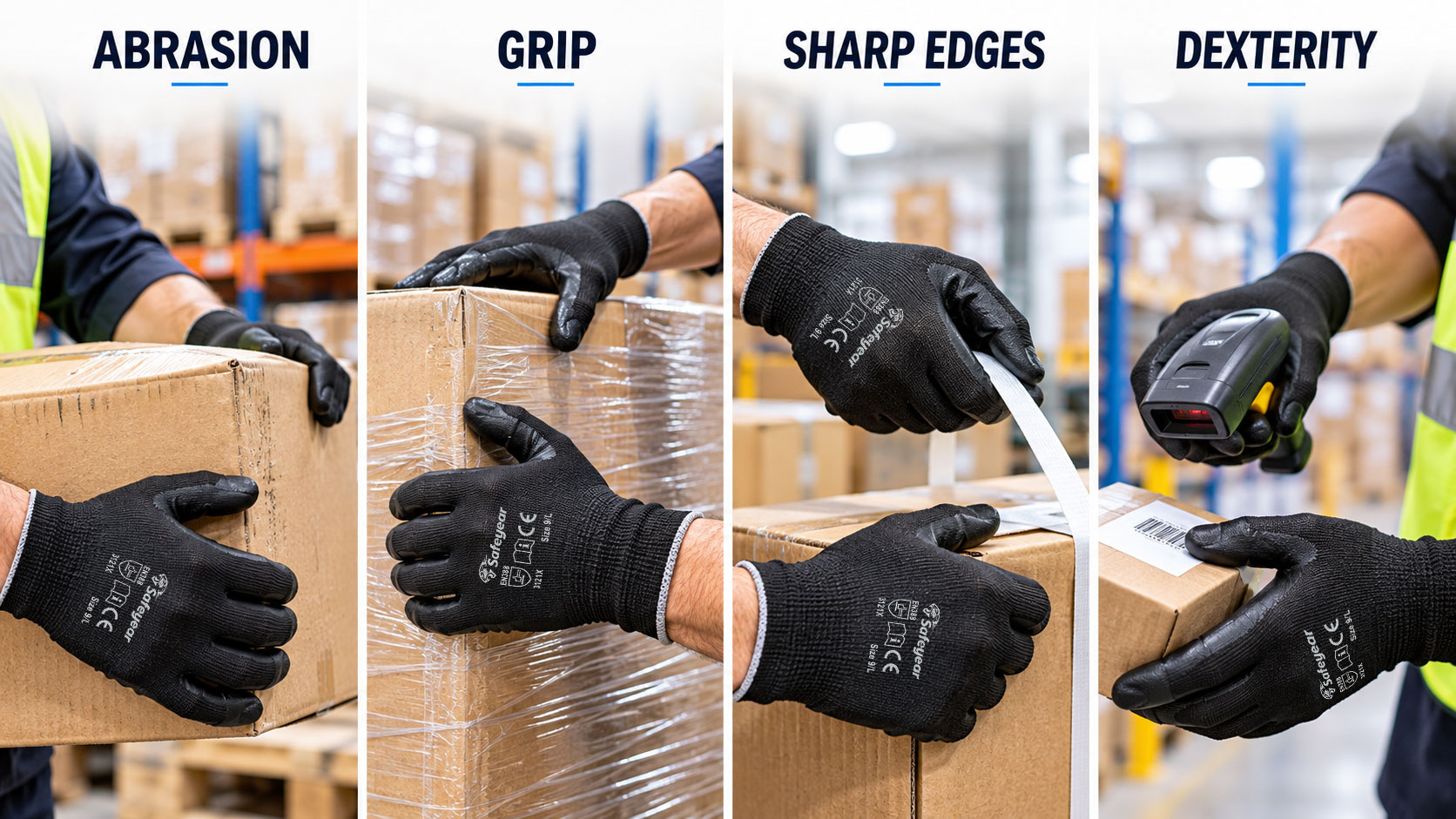 Warehouse work glove needs including abrasion resistance grip sharp edges and dexterity