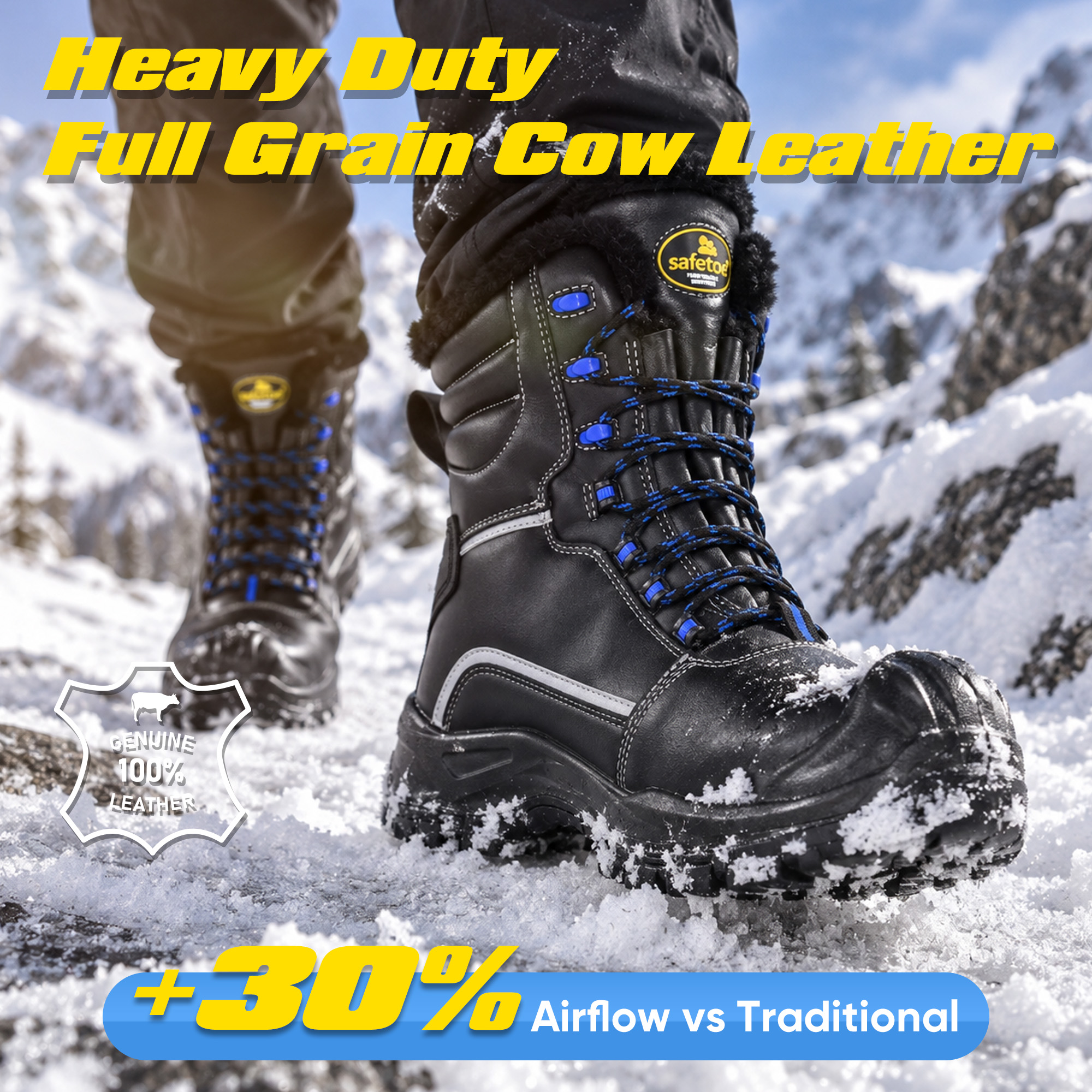 Full-grain cow leather winter safety boots designed for heavy-duty cold weather and snowy work environments