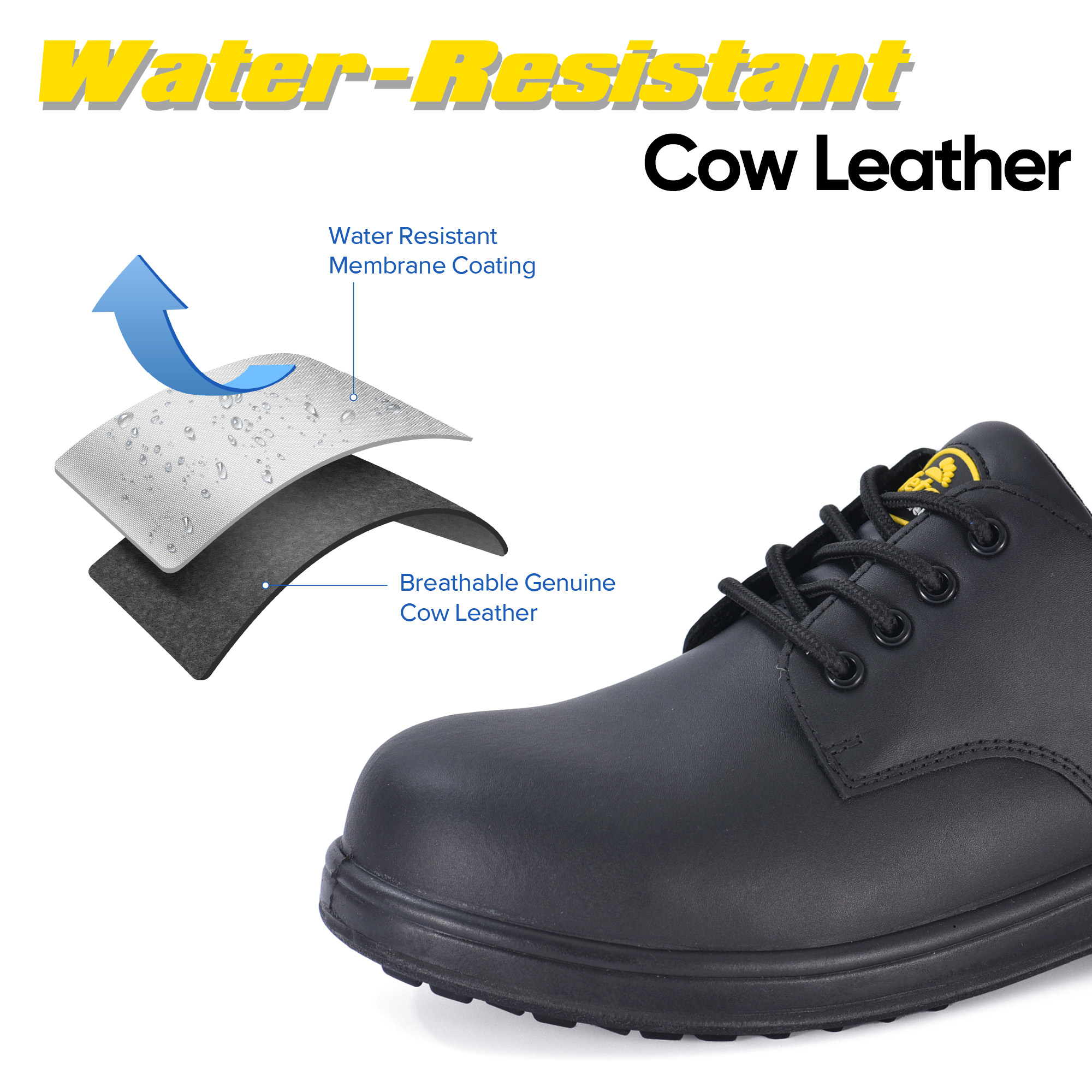 Water-resistant cow leather engineer safety work shoes with breathable upper for daily industrial work