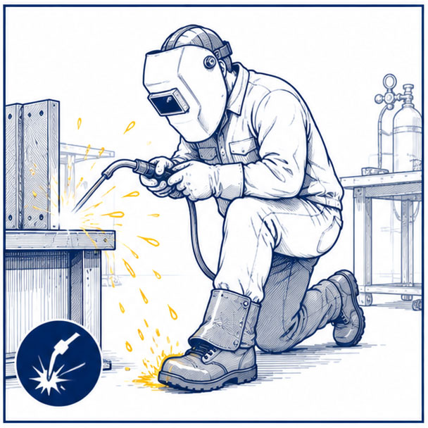 Welder working near sparks and hot metal splatter, illustrating foot hazards in welding workplaces and the need for protective welding safety boots.