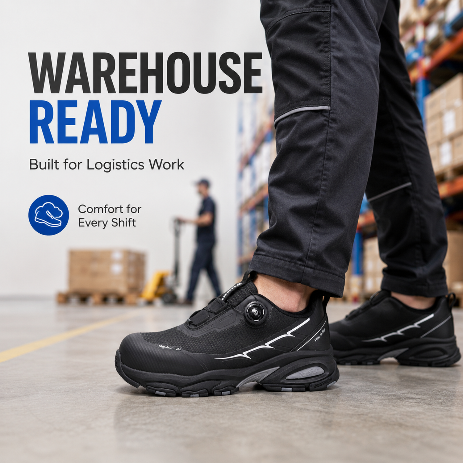 Worker wearing L-7601 black lightweight safety shoes in a warehouse