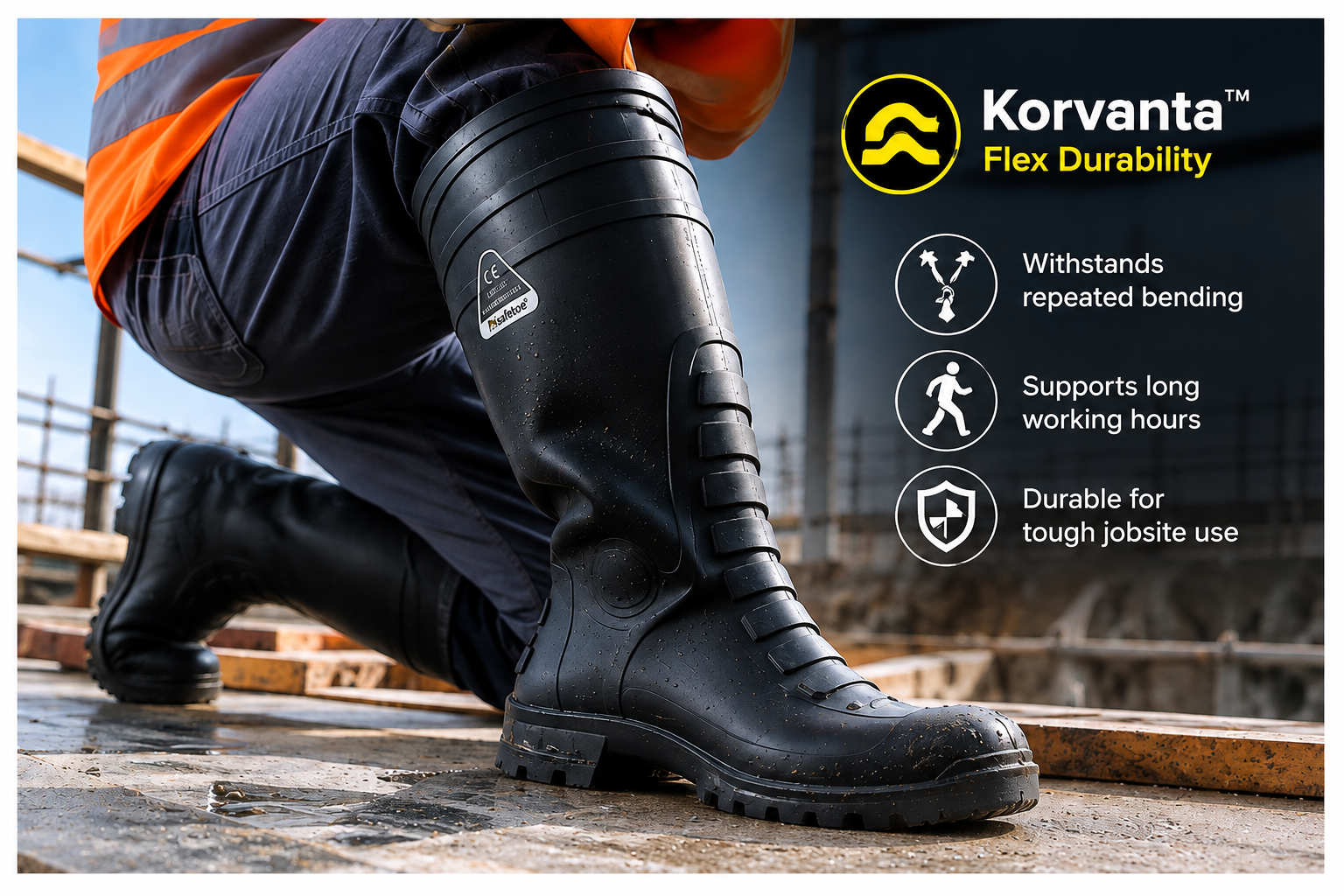 Flexible construction Wellington boots for repeated bending and demanding site work