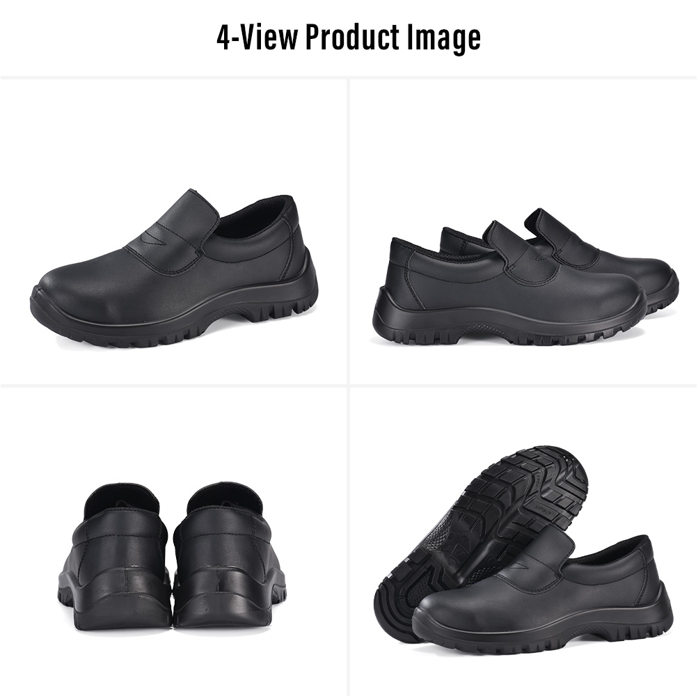Four views of Safetoe L-7019 black slip-on food industry safety shoes with steel toe and slip-resistant PU outsole