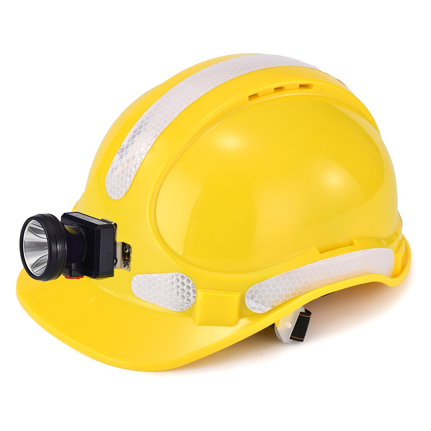 Yellow construction safety helmet with headlamp and reflective strips for industrial work