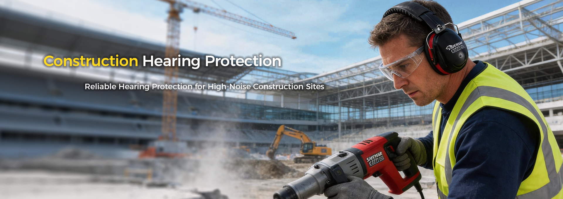 Construction worker wearing hearing protection on an industrial jobsite