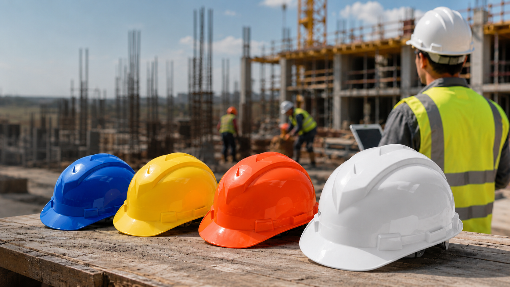 Blue yellow orange and white construction safety helmets for building site head protection