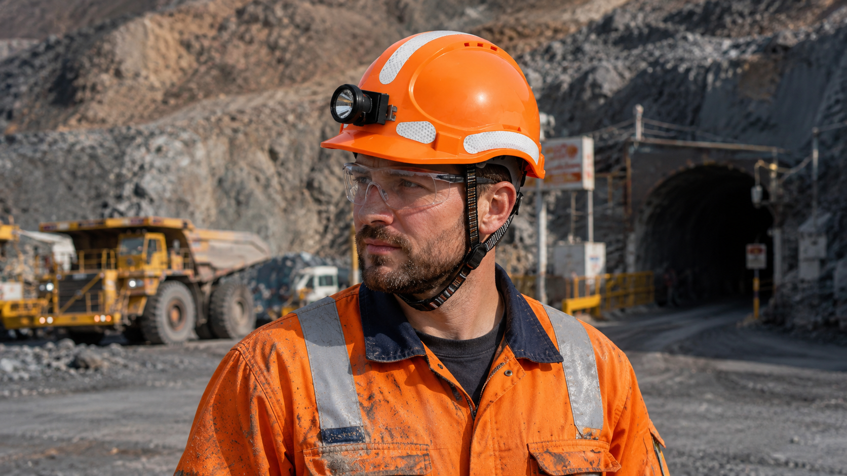 Mining worker wearing an orange safety helmet with headlamp and reflective strips at an open-pit mine