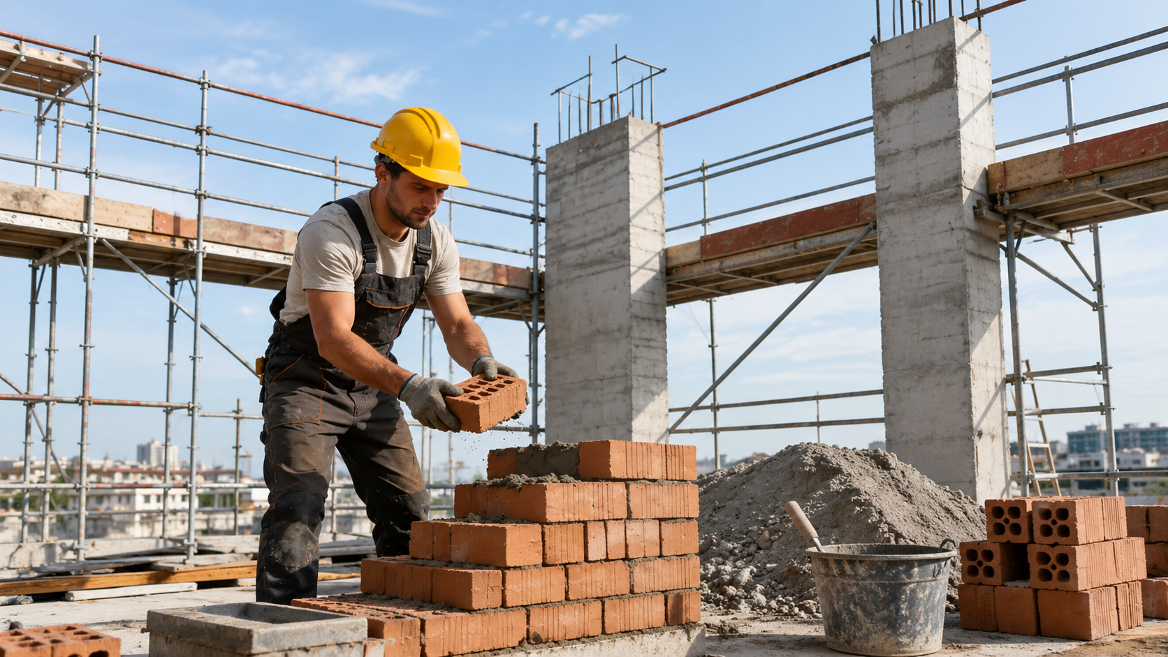 Construction worker wearing a yellow safety helmet while laying bricks on a building site