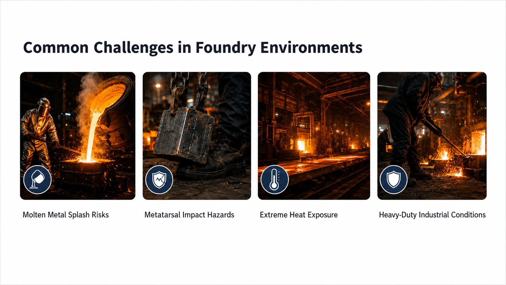 Common foundry hazards including molten metal splashes, metatarsal impacts, extreme heat and heavy-duty industrial conditions