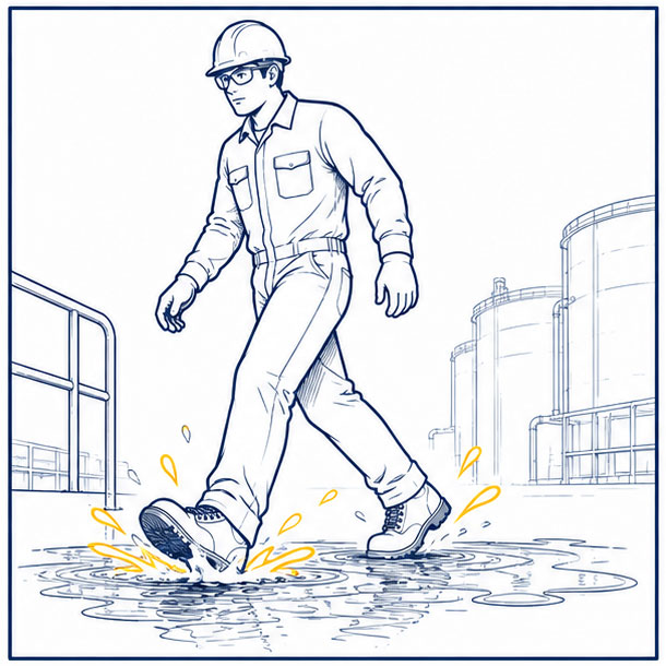 Water-repellent mining safety boots on wet industrial ground