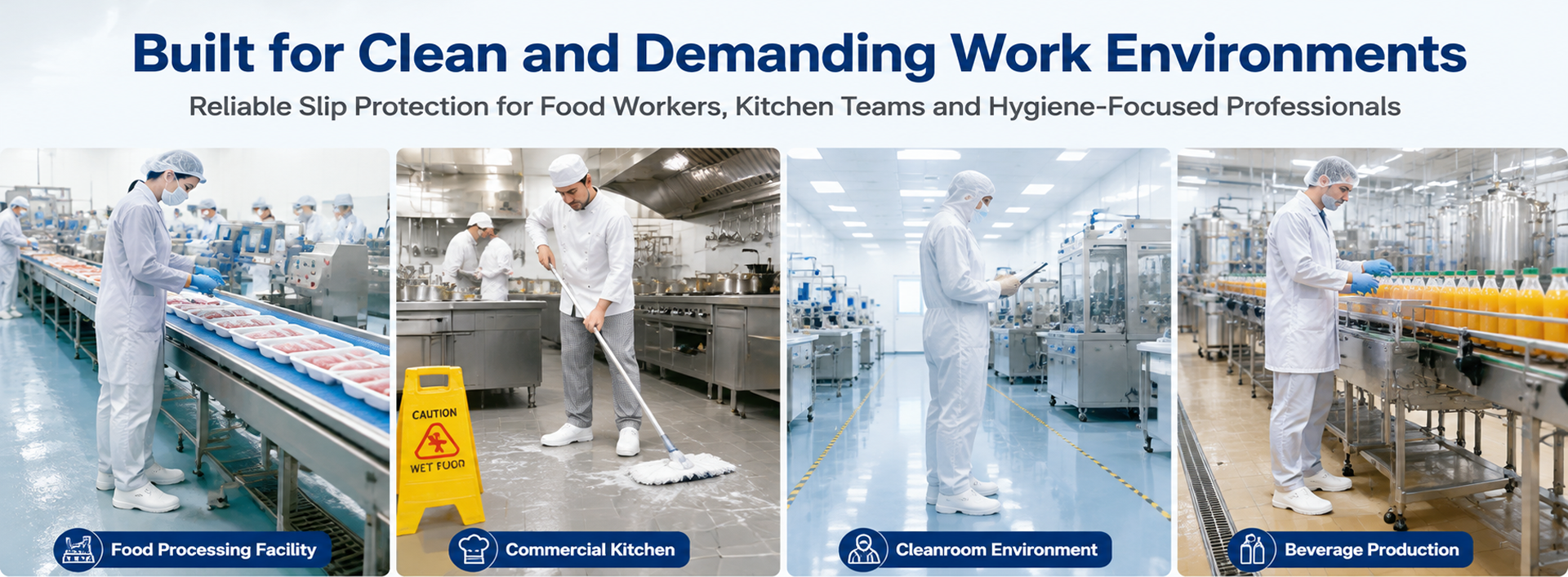 Food and cleanroom safety footwear for food processing workers, kitchen professionals and hygiene-controlled workplaces