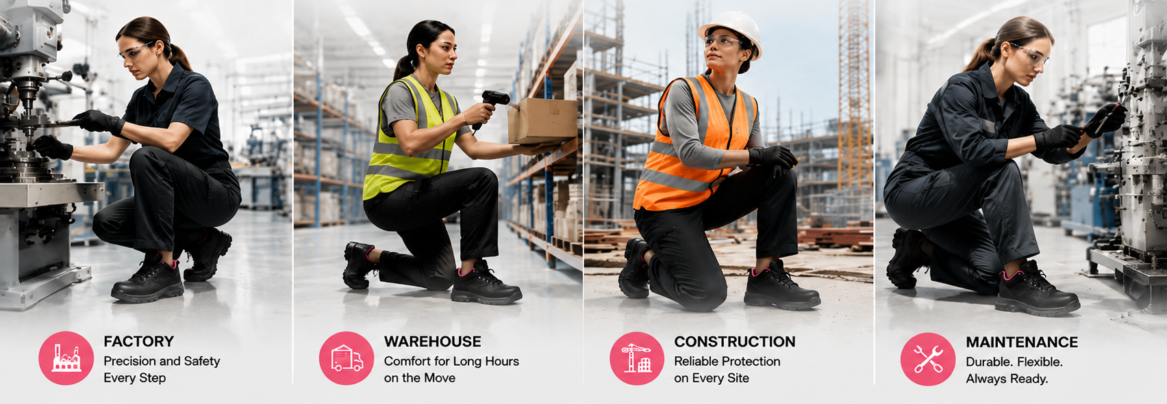 Women's safety footwear designed with women-specific fit for factory, warehouse, construction and industrial workplaces