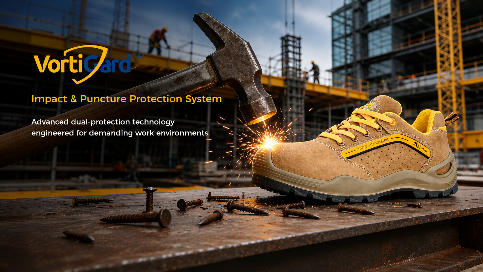 VortiGard impact and puncture protection safety shoe tested against falling tools, nails and sharp construction debris