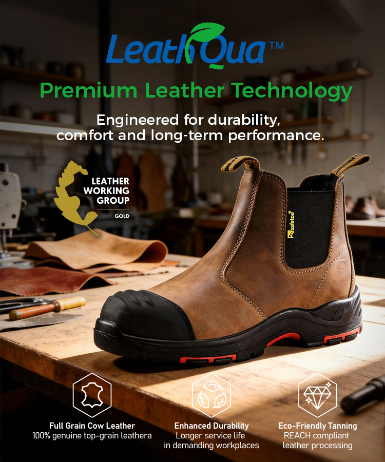 LeathQua™ full-grain leather technology for durable safety footwear