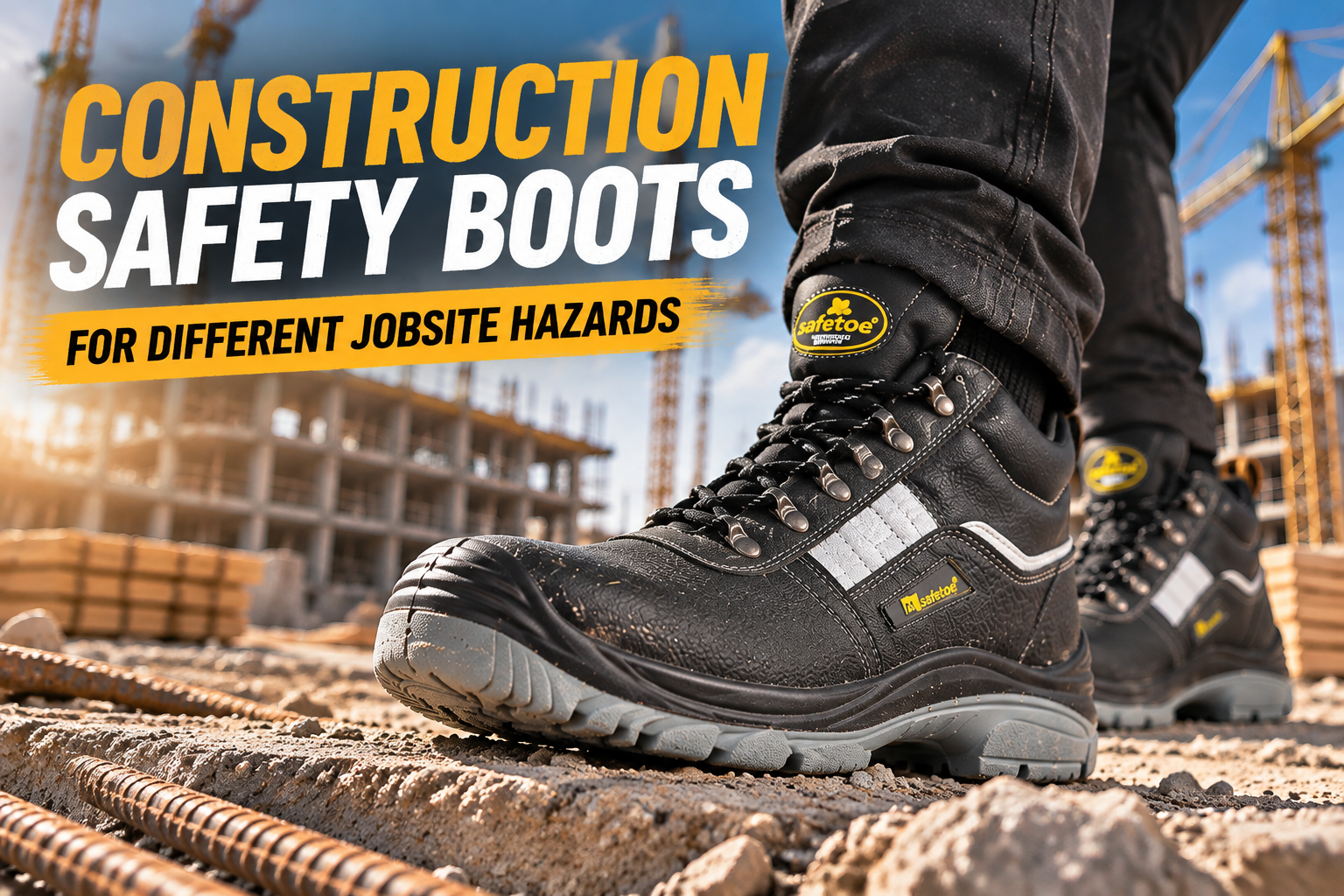 Construction worker wearing safety boots on a building site