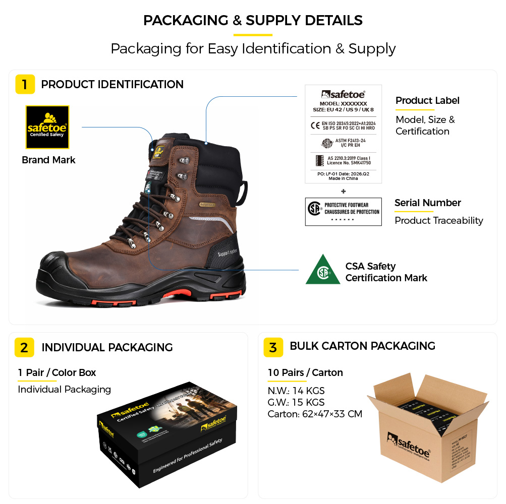 Mining safety boots with product identification labels and packaging details