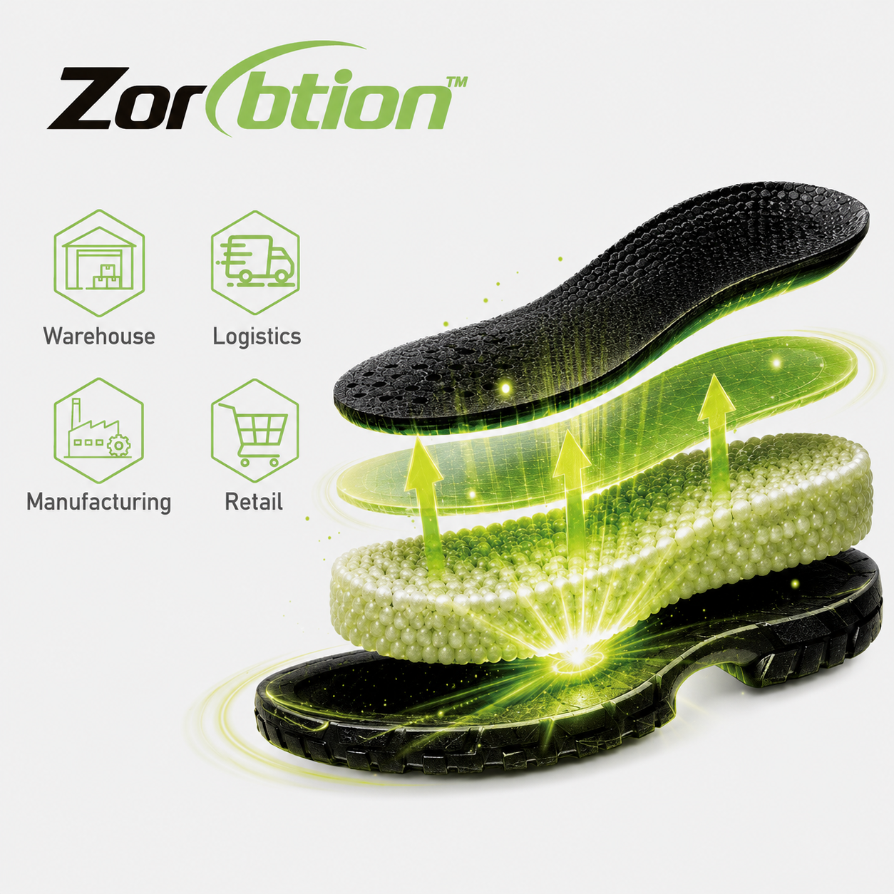 Zorption shock absorption system for comfortable safety shoes in logistics and warehousing