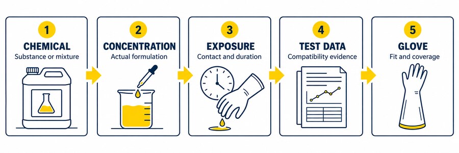 Five-step chemical handling glove selection process covering chemical type, concentration, exposure conditions, test data and glove fit